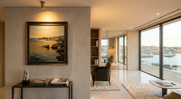 A room with a large painting on the left and the living room in the right.