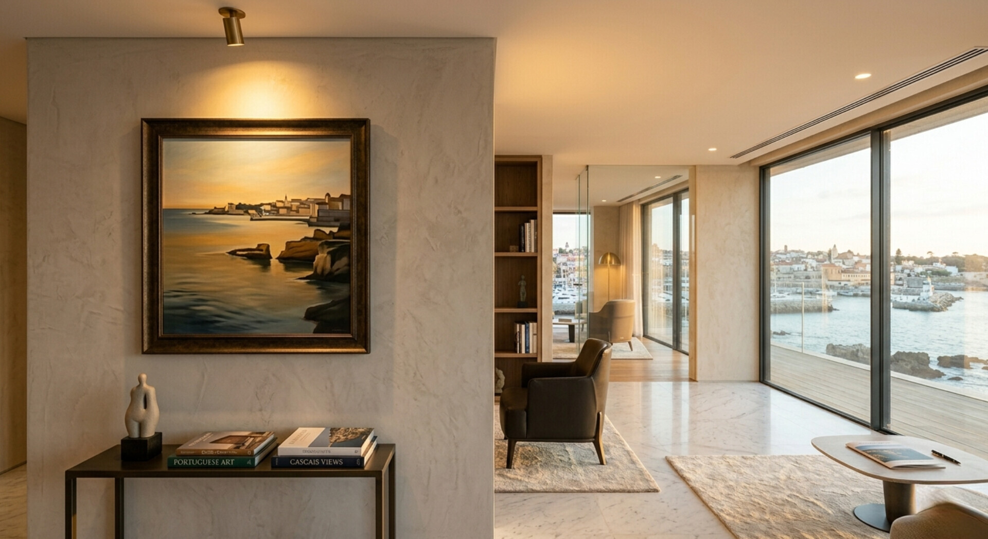 Uma sala com uma pintura grande à esquerda e a sala de estar à direita.